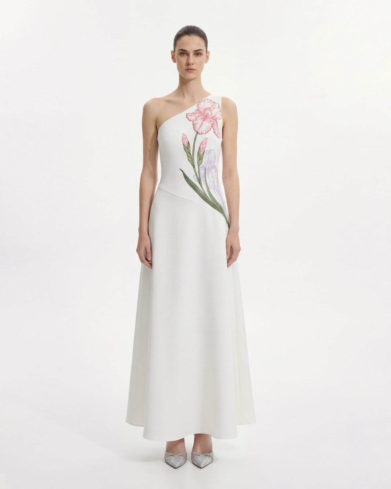 Abito aderente floreale con allacciatura al collo Iris - Bianco