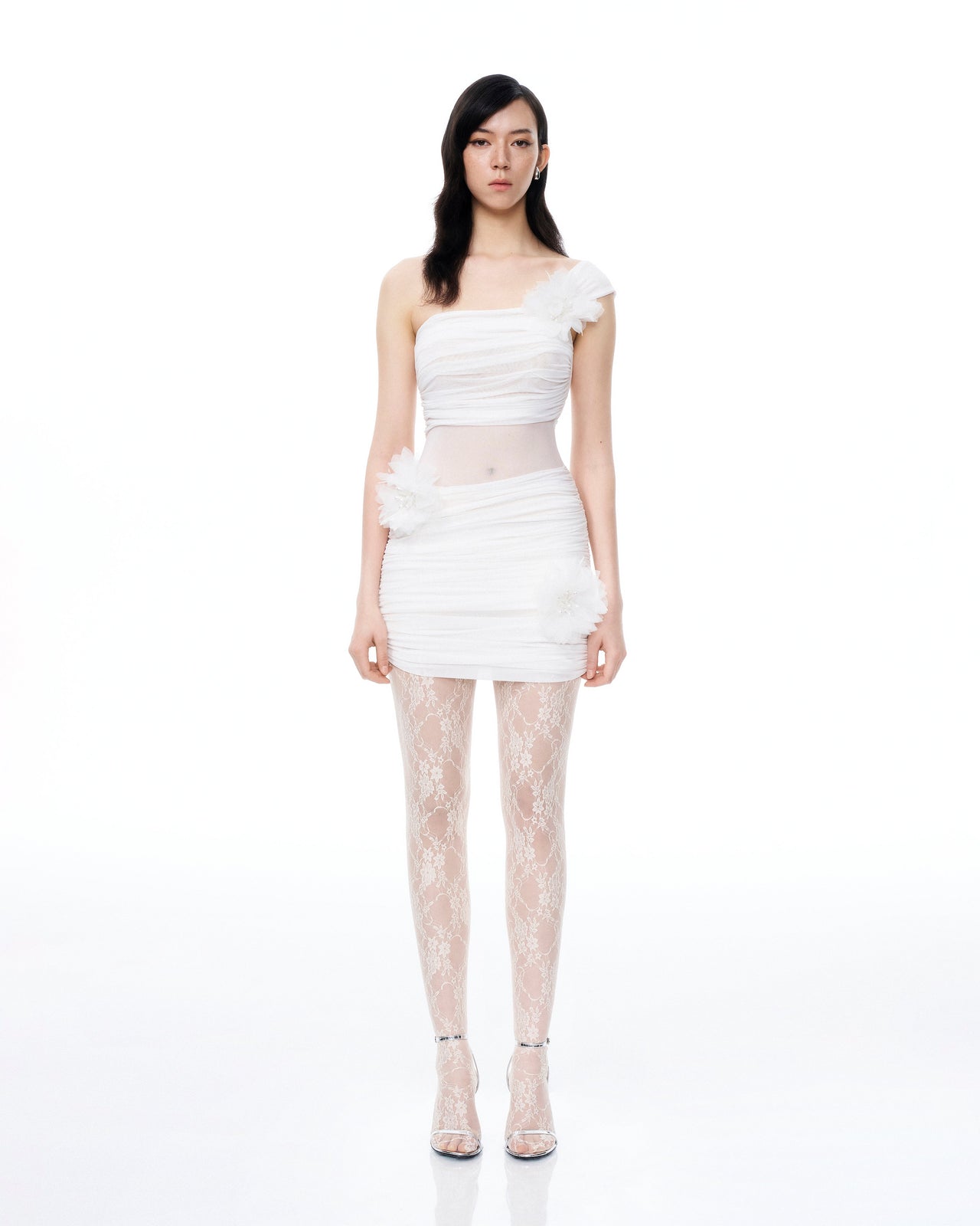 Isidore Mini Abito con Fiori 3D e Pieghe - Bianco