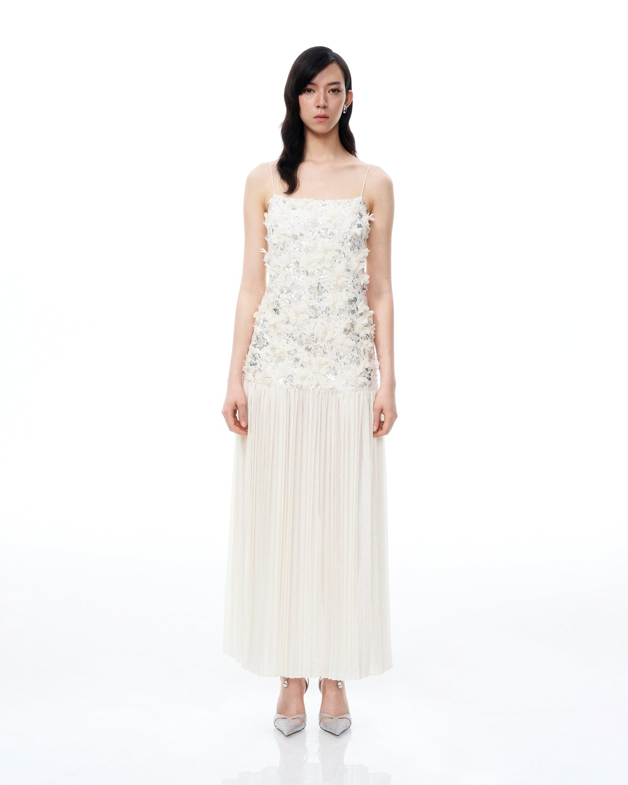 Galadriel Abito Maxi con Fiori 3D e Paillettes - Bianco