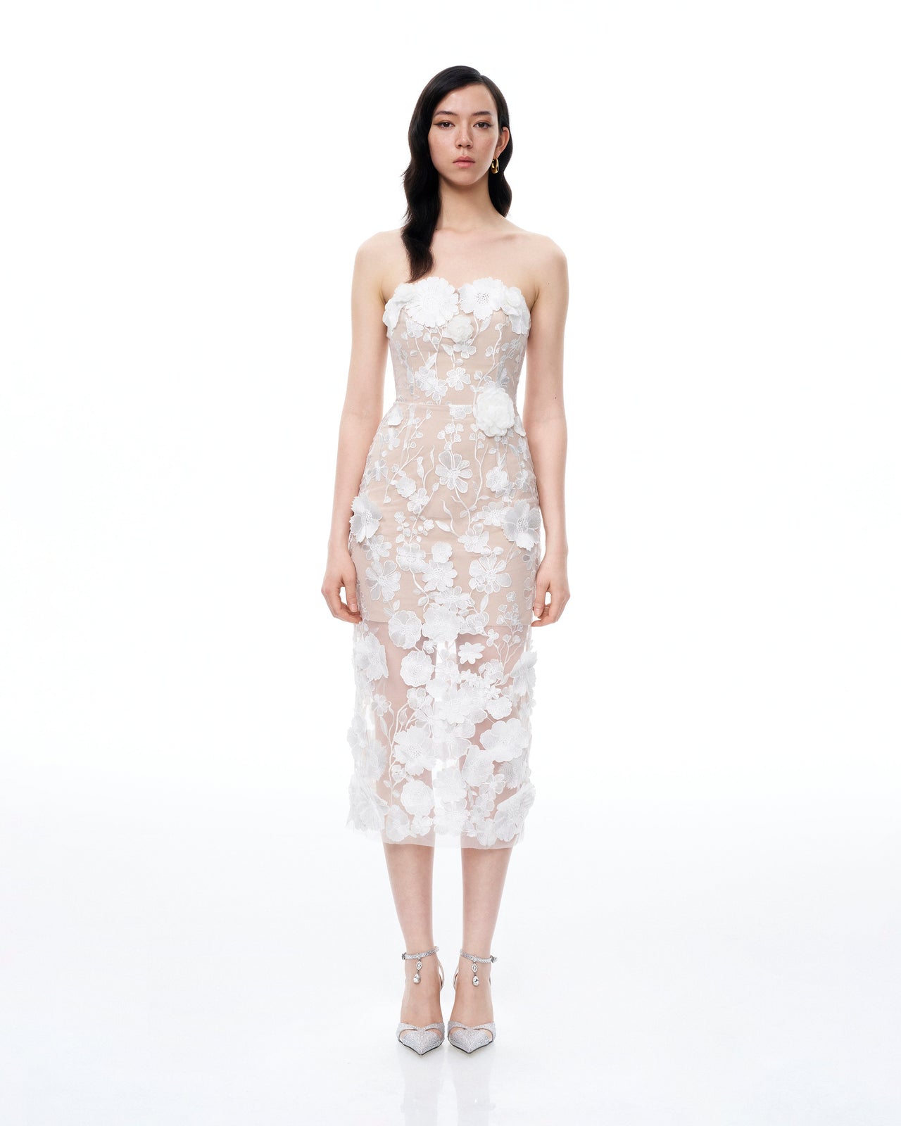 Lysandra Abito Lungo Ricamato con Fiori 3D - Bianco