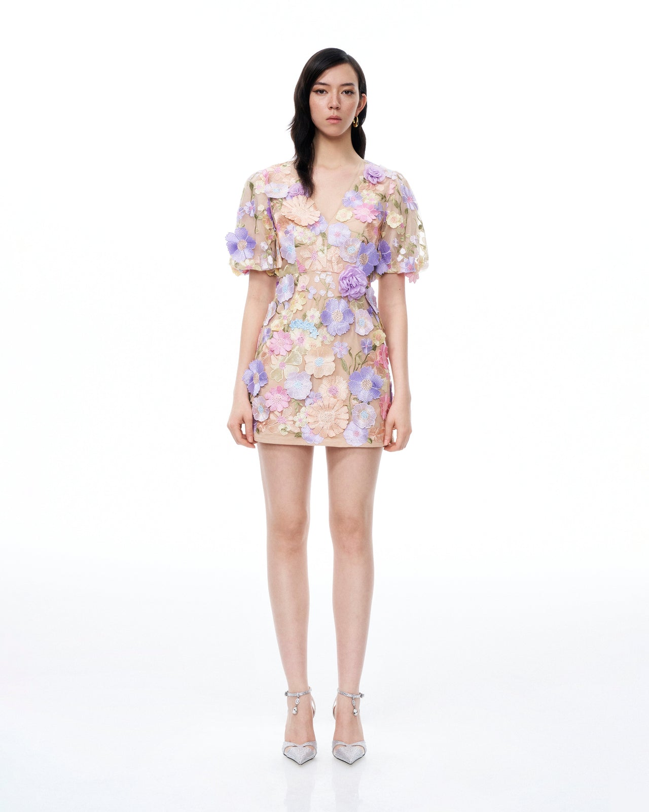 Evangeline Abito con scollo a V e ricami floreali 3D - Multicolore pastello