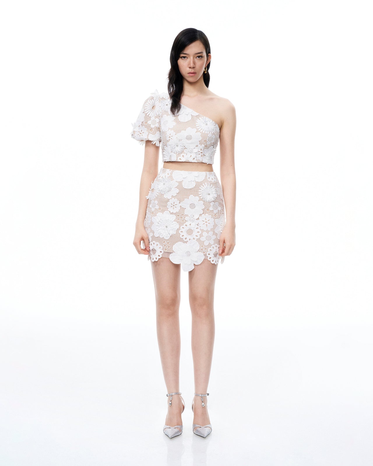 Ophelia Abito Completo Monospalla in Pizzo Ricamato - Bianco