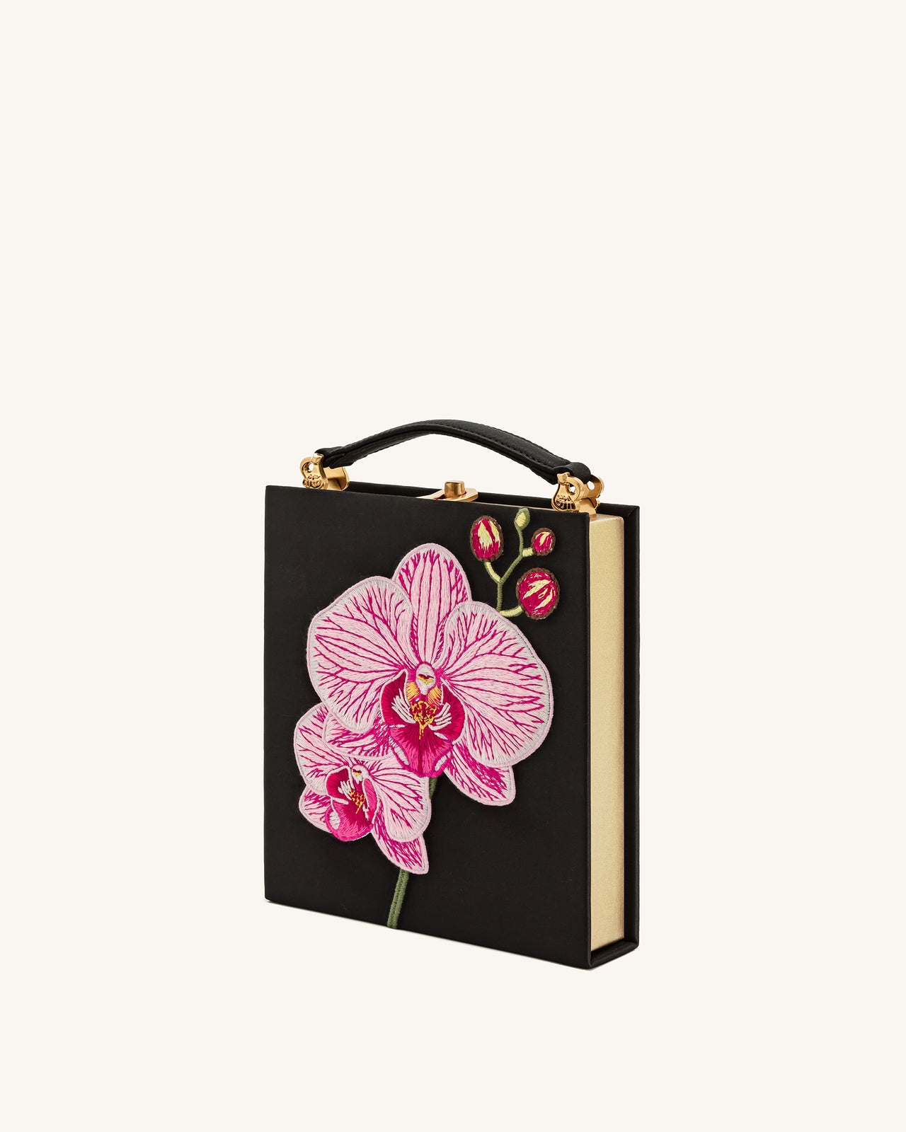 Taya Pochette a Forma di Libro con Motivo di Orchidea - Nero