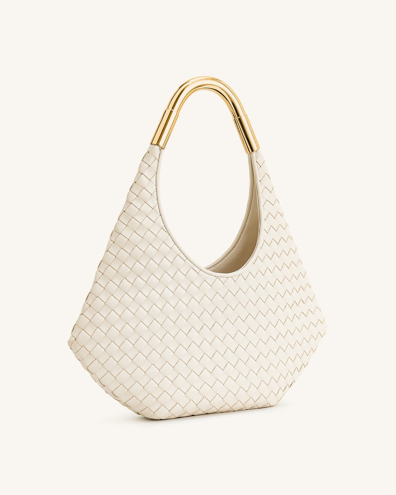 Olivia Borsa Hobo Intrecciata a Mano con Manico in Metallo - Bianco