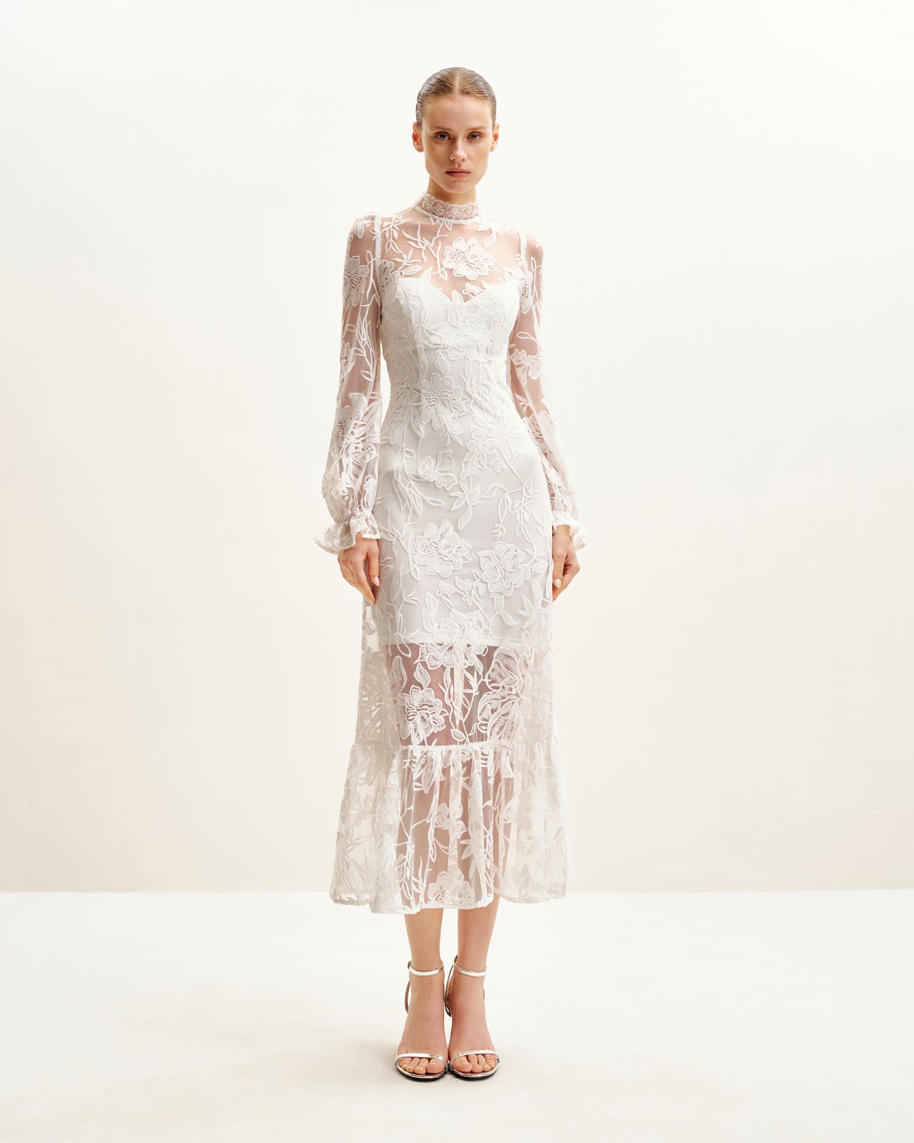 Elegant Abito midi in pizzo - Bianco