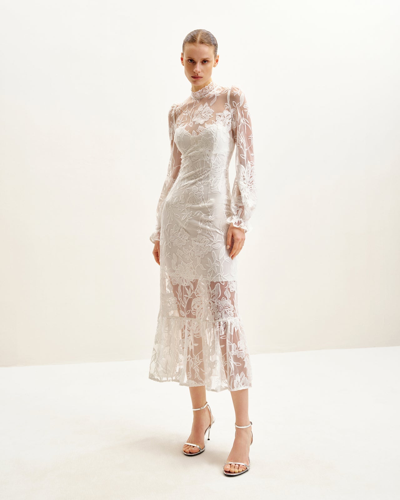 Elegant Abito midi in pizzo - Bianco