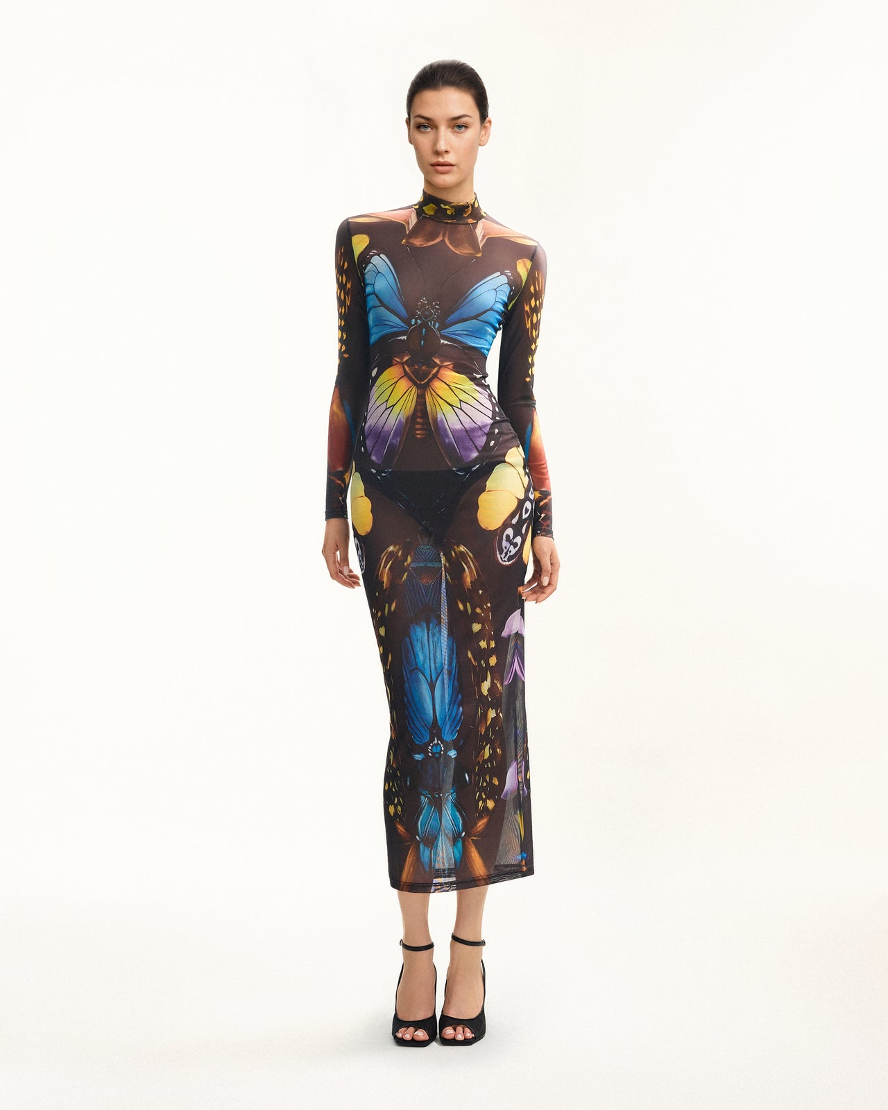 Abito Lungo in Rete con Farfalle - Multicolore