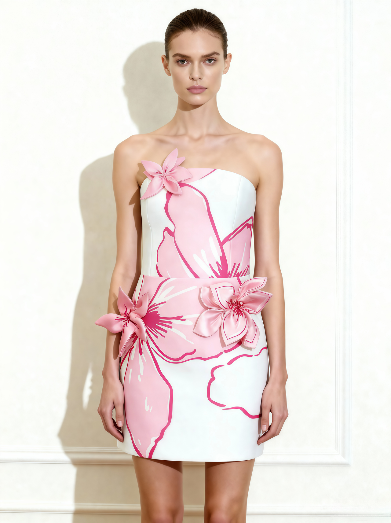 Mini Abito con Applicazioni Floreali Rosa - Bianco/Rosa