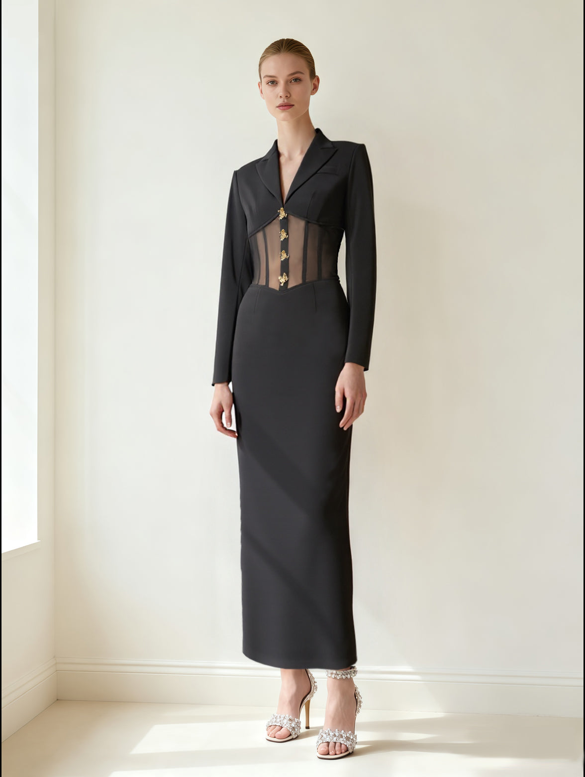 Abito Maxi con Corsetto e Blazer Trasparente - Nero