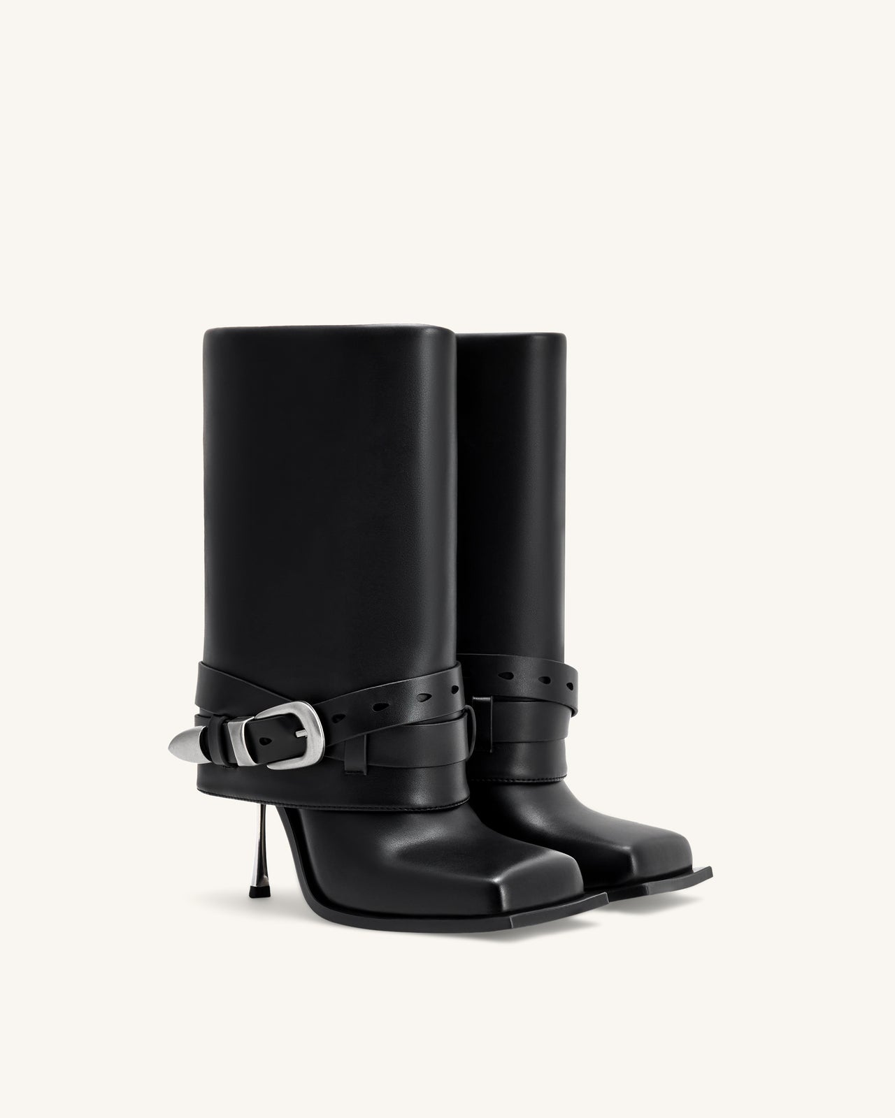 Emilia Stivali a stiletto in pelle con fibbia western - Nero