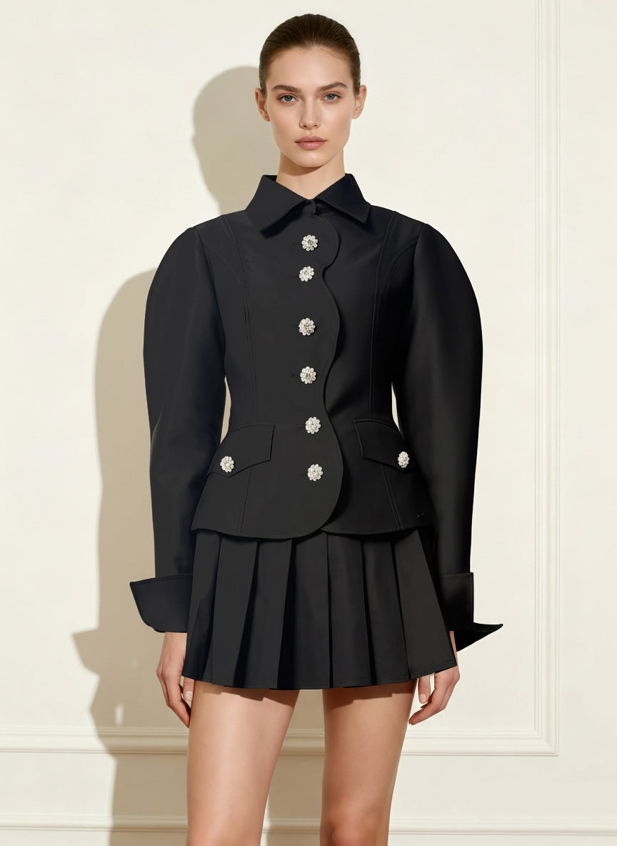 Blazer con maniche gigot e profili smerlati - Nero