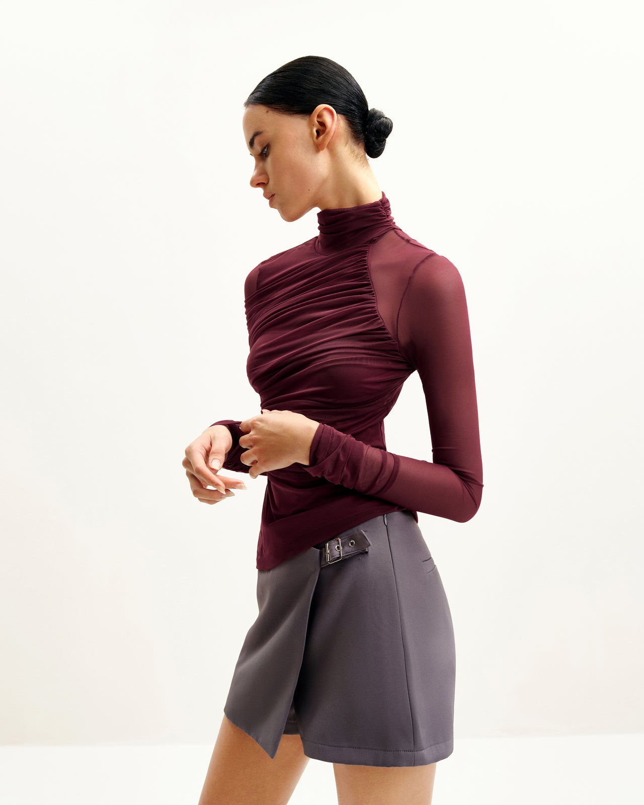 Ella Sheer Ruched Turtleneck Top - Bordeaux