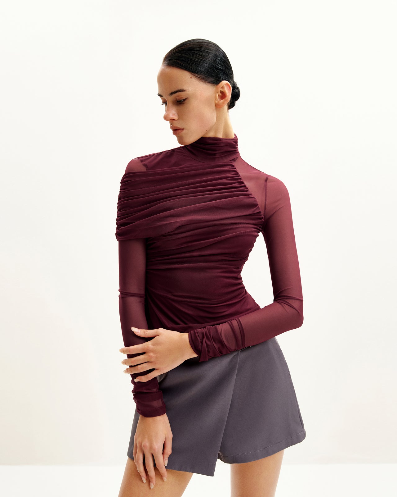 Ella Sheer Ruched Turtleneck Top - Bordeaux