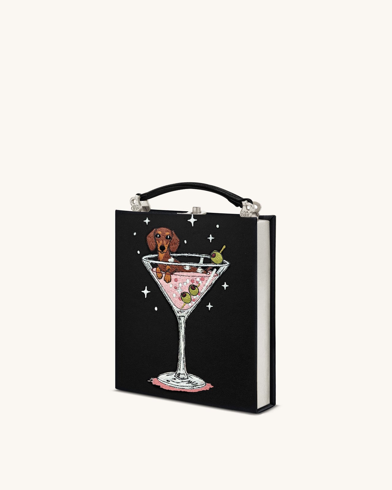 Pochette a forma di libro con motivo cucciolo e calice di vino Taya - Nera
