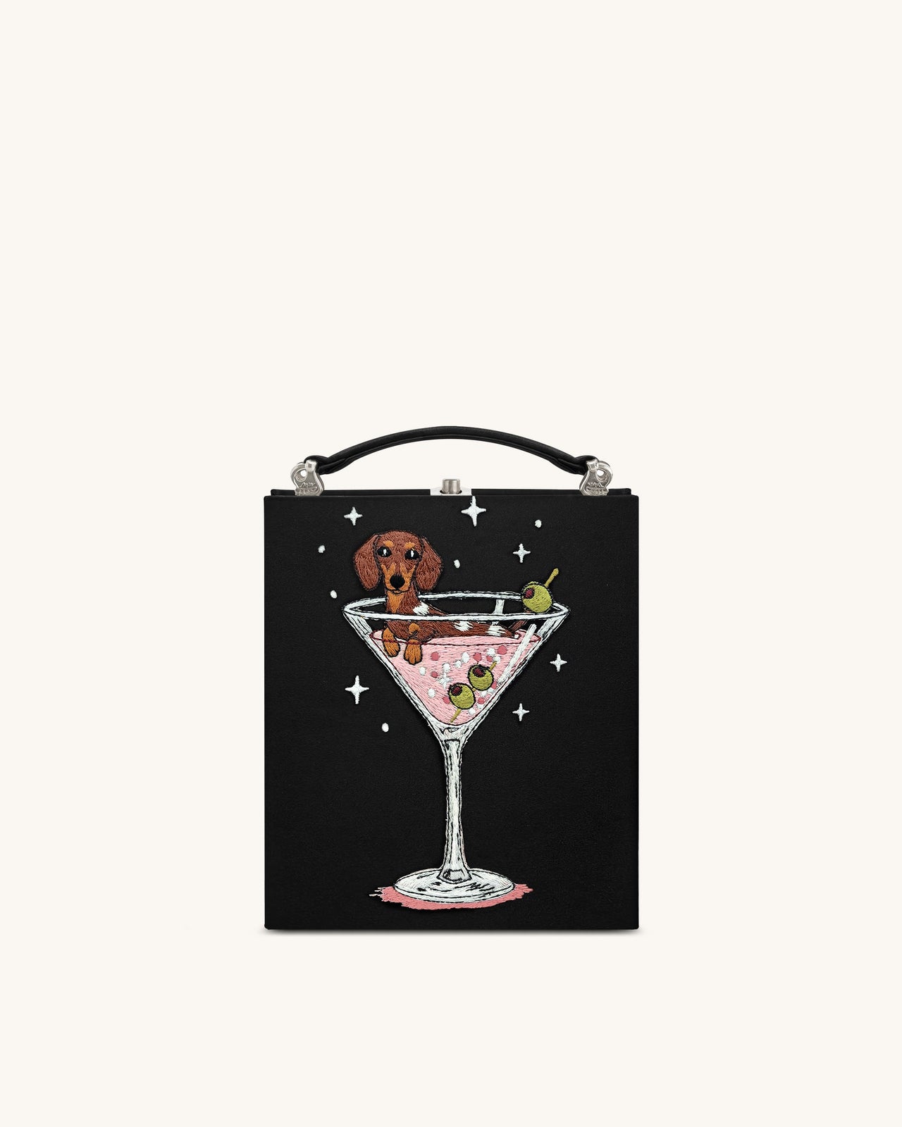 Pochette a forma di libro con motivo cucciolo e calice di vino Taya - Nera
