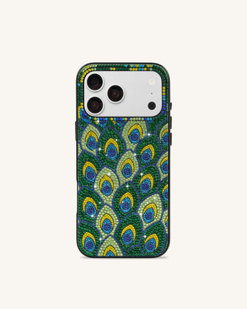 Peacock Custodia per telefono con piume e strass - Verde