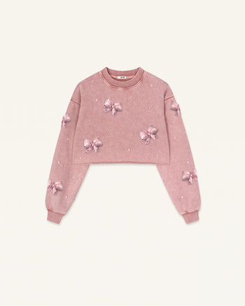 Coquette Felpa con fiocco in raso e perla 3D - Rosa vintage