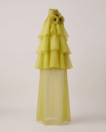 Poppy Maxi abito a balze con volant ricamato e allacciatura al collo - Verde lime