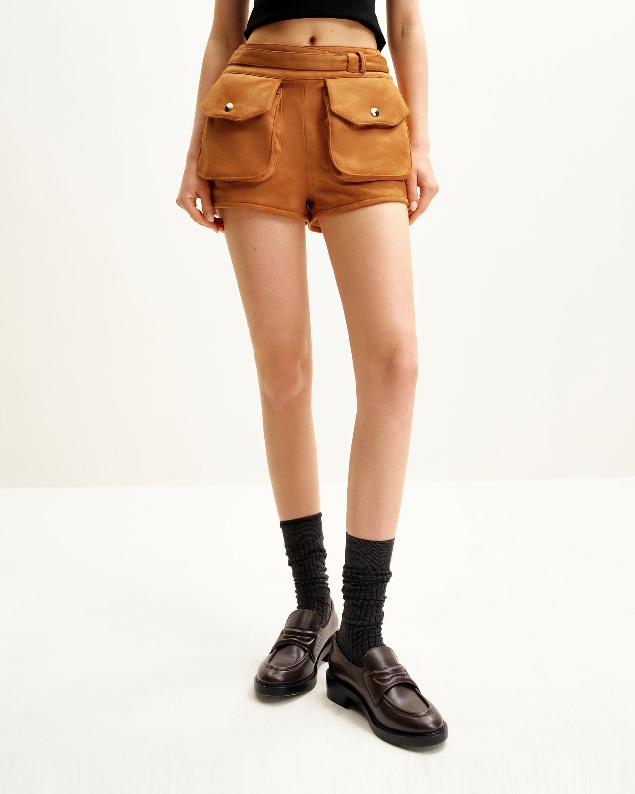 Abigail Pantaloncini Utility a Vita Alta - Marrone