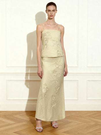 Gonna Maxi in Lino con Ricamo a Cordoncino - Naturale