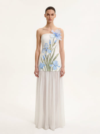Abito lungo floreale monospalla - Bianco