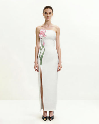 Abito lungo floreale senza spalline - Bianco