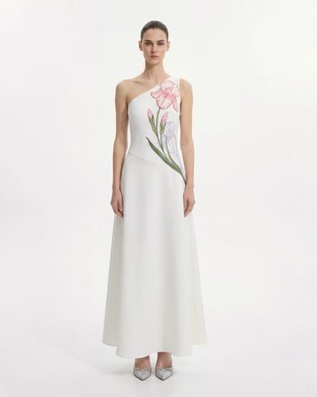 Abito aderente floreale con allacciatura al collo Iris - Bianco