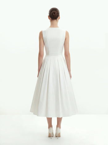 Abito Midi Plissettato con Scollo a V Frontale - Bianco