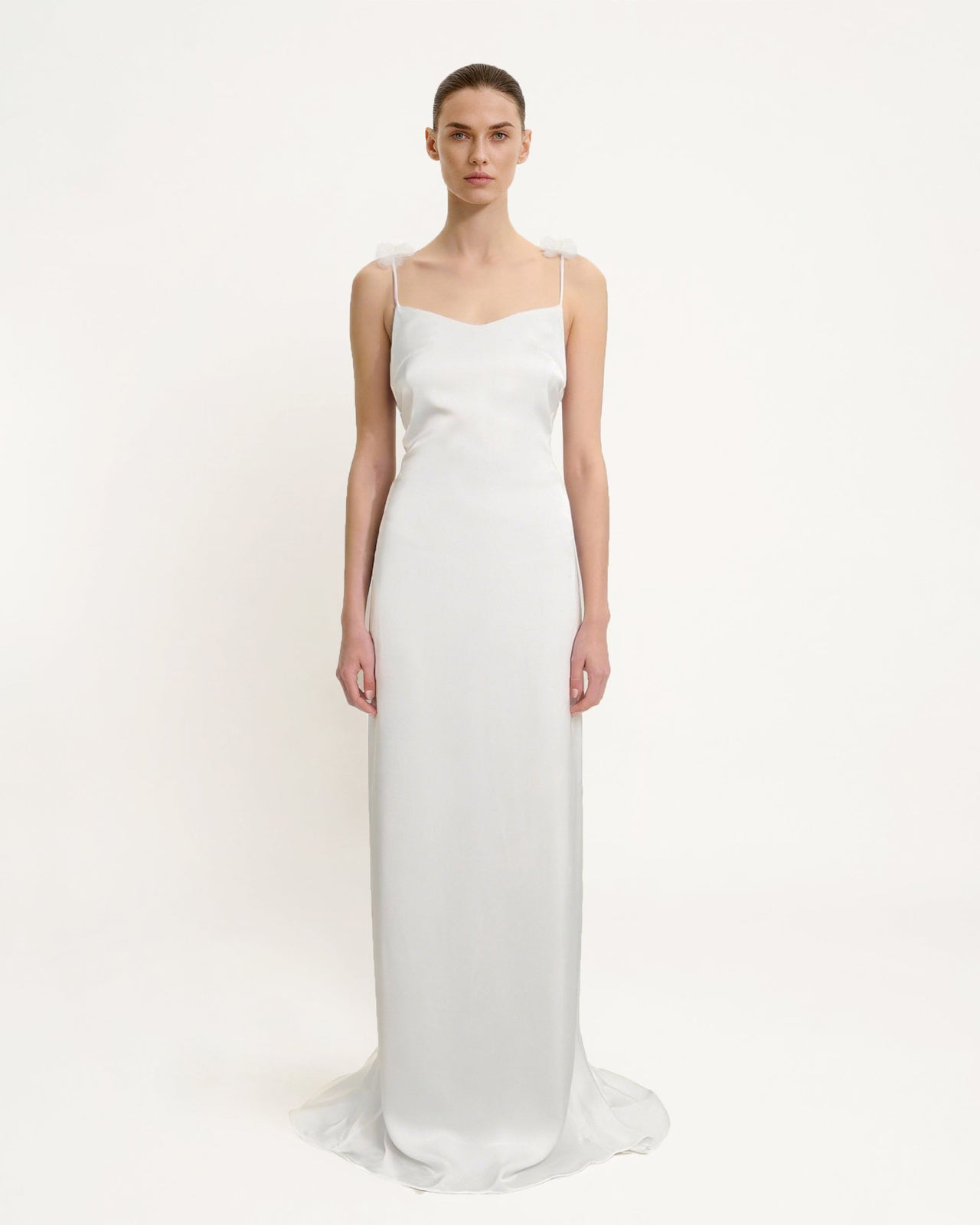 Satin Maxi Abito a Spalline con Nastri Floreali - Bianco