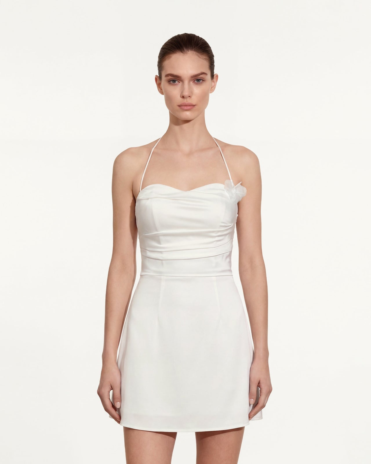 Mini Abito Floreale Arricciato All'americana - Bianco