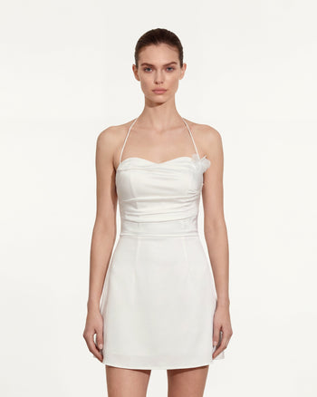 Mini Abito Floreale Arricciato All'americana - Bianco