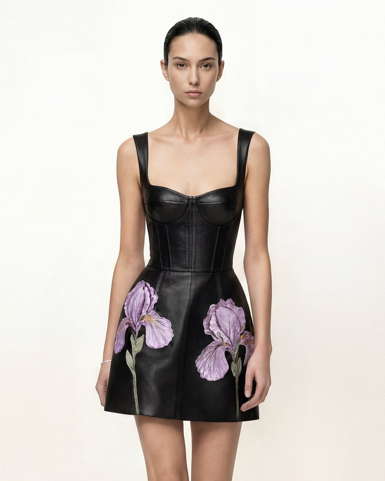 Abito a corsetto in pelle con stampa floreale Iris - Nero