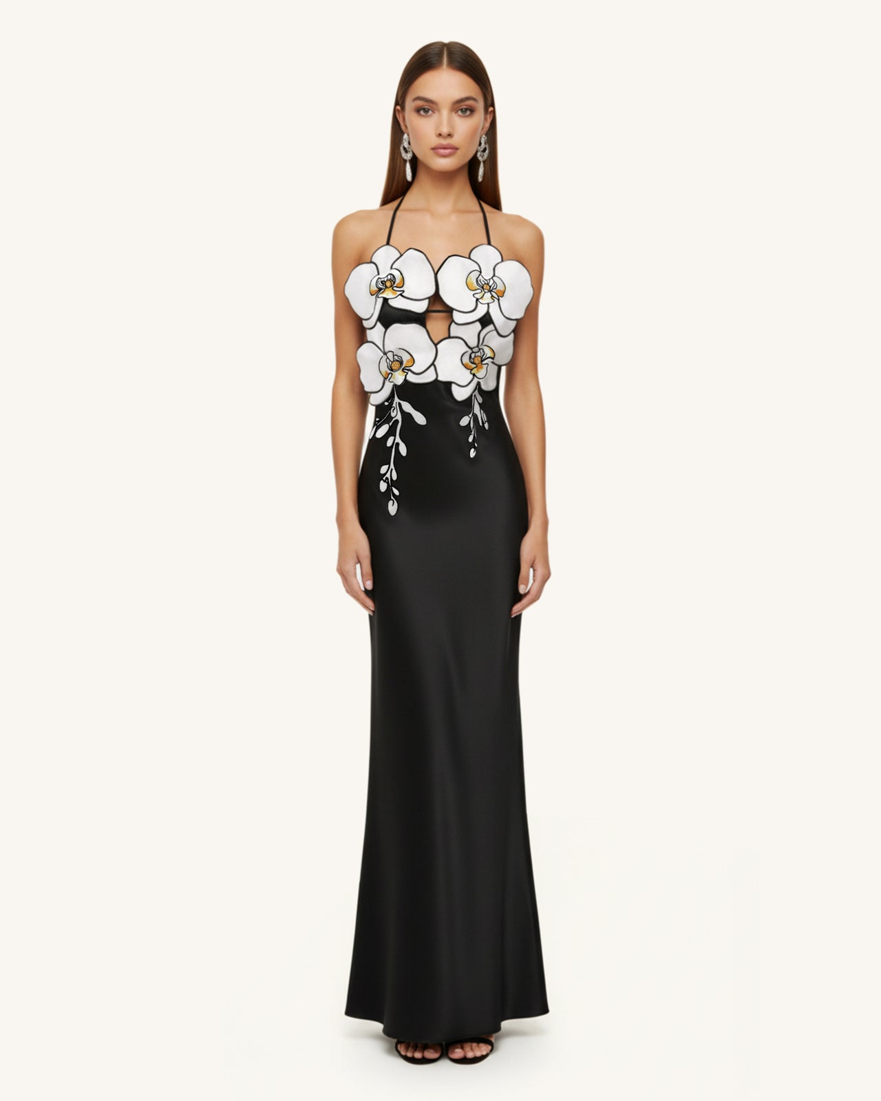 Abito con orchidea ricamata – Nero/Bianco