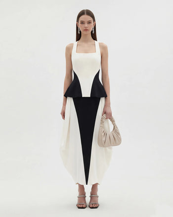 Top peplum monocromatico a pannelli con scollo quadrato - Nero