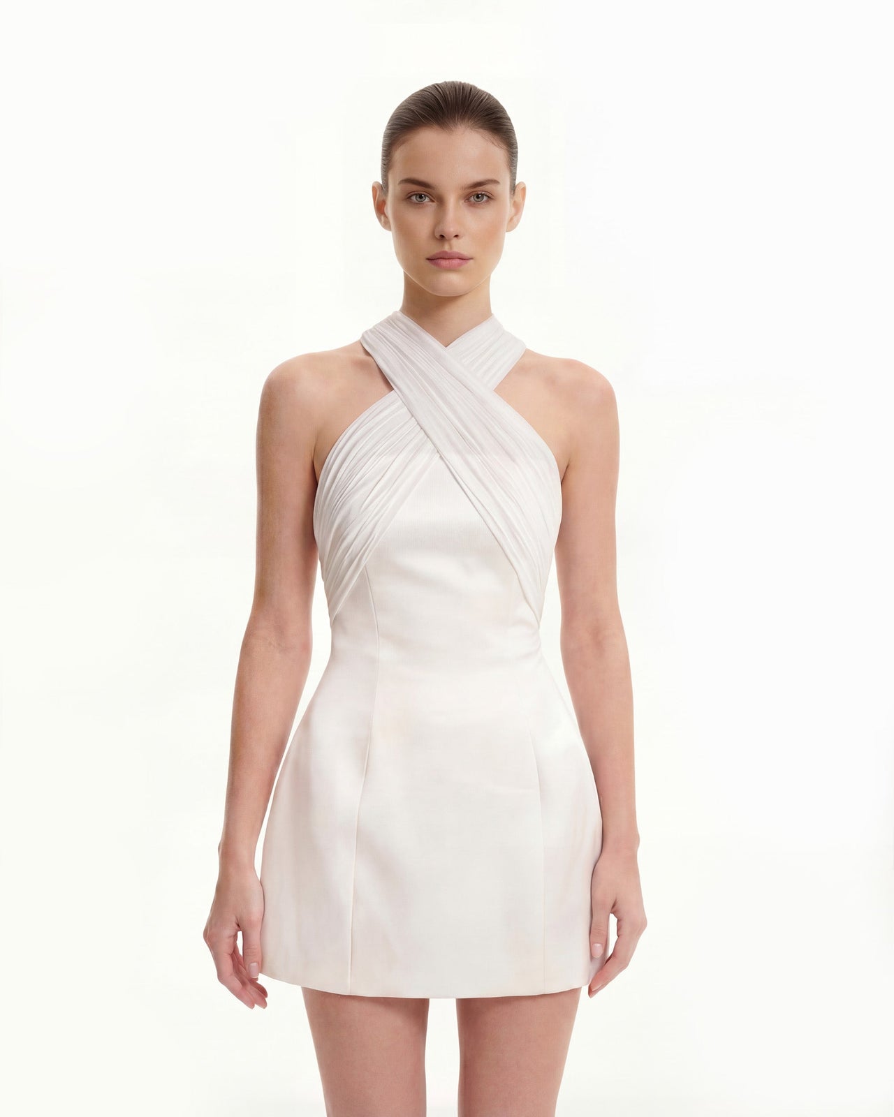 Mini abito in raso con scollo all'americana incrociato in tulle - Bianco