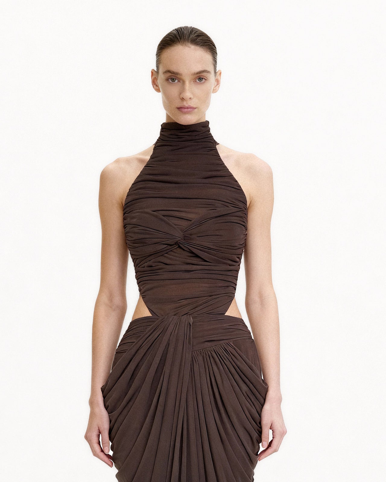 Body con incrocio drappeggiato e scollo all'americana - Marrone