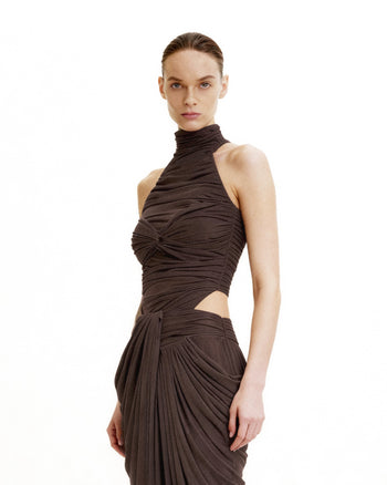 Body con incrocio drappeggiato e scollo all'americana - Marrone
