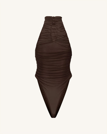 Body con incrocio drappeggiato e scollo all'americana - Marrone