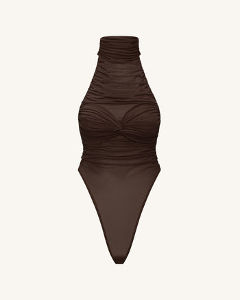 Body con incrocio drappeggiato e scollo all'americana - Marrone