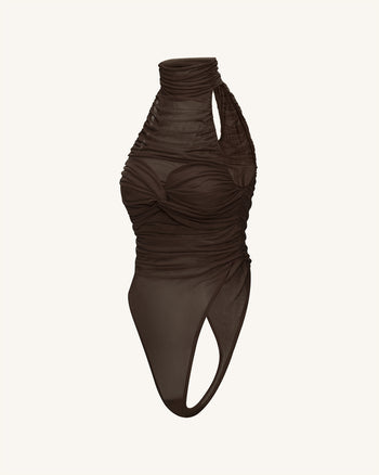 Body con incrocio drappeggiato e scollo all'americana - Marrone