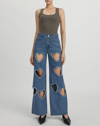 Jeans in Denim con Cuore Intagliato e Decorazioni Sophia - Blu Medio