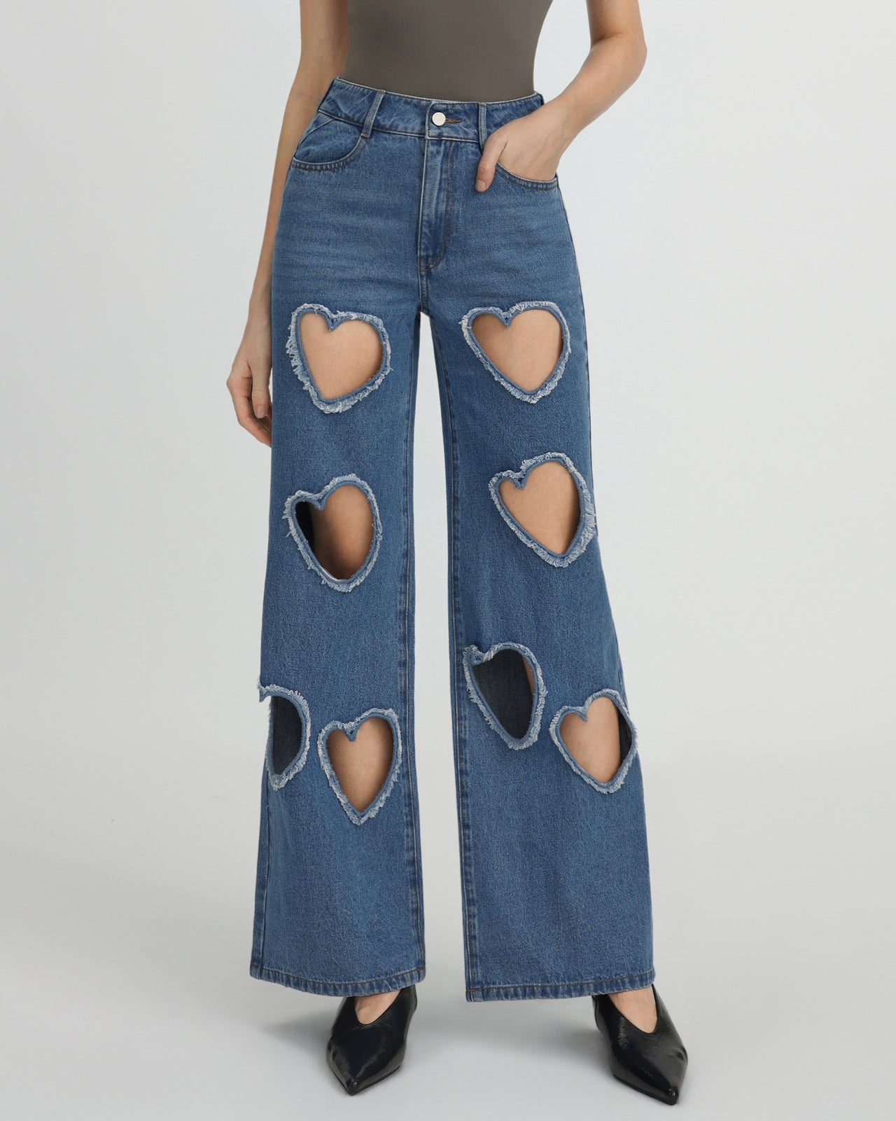 Jeans in Denim con Cuore Intagliato e Decorazioni Sophia - Blu Medio