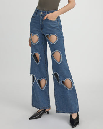 Jeans in Denim con Cuore Intagliato e Decorazioni Sophia - Blu Medio