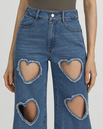 Jeans in Denim con Cuore Intagliato e Decorazioni Sophia - Blu Medio
