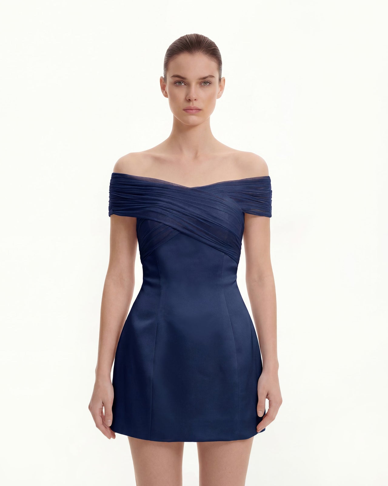 Abito corto in raso con incrociato halter in tulle - Blu navy