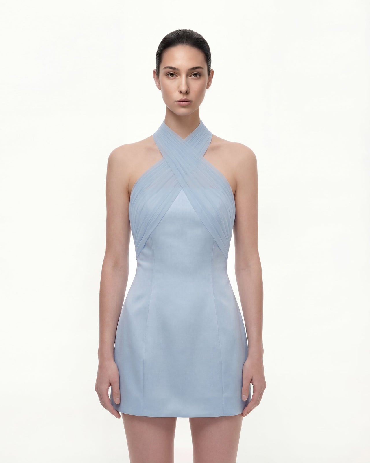 Abito corto in raso con incrociato halter in tulle - Blu