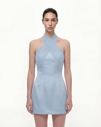 Abito corto in raso con incrociato halter in tulle - Blu