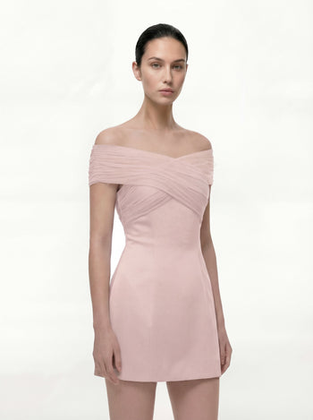 Abito corto in raso con incrociato halter in tulle - Rosa