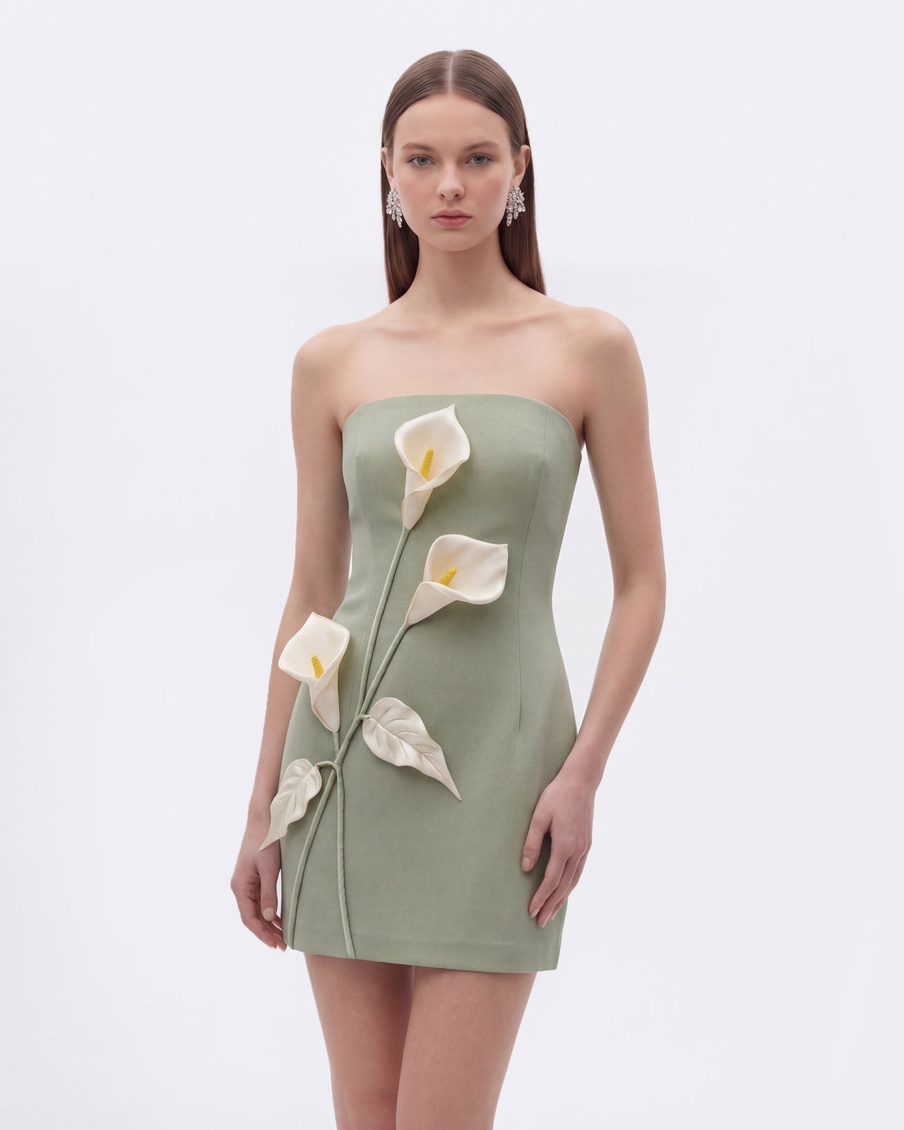 Abito senza spalline con applicazioni floreali - Verde salvia