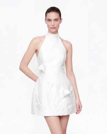 Minidress con fiori 3D allacciato al collo - Bianco